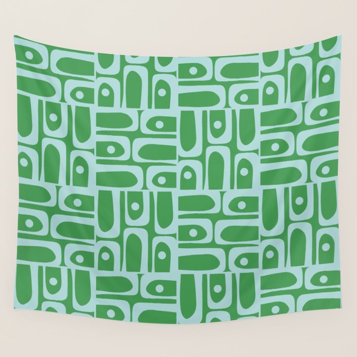 Mid Century Modern Piquet Abstract Multi Geometric Pattern in Green and Light Blue Wall Tapestry Gallery Image 1