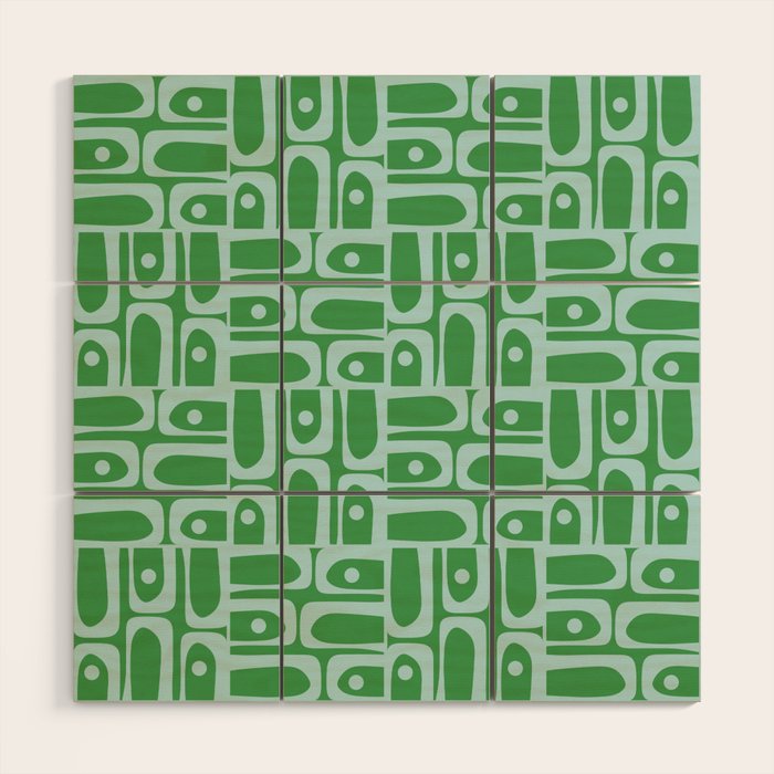 Mid Century Modern Piquet Abstract Multi Geometric Pattern in Green and Light Blue Wood Wall Art Gallery Image 1