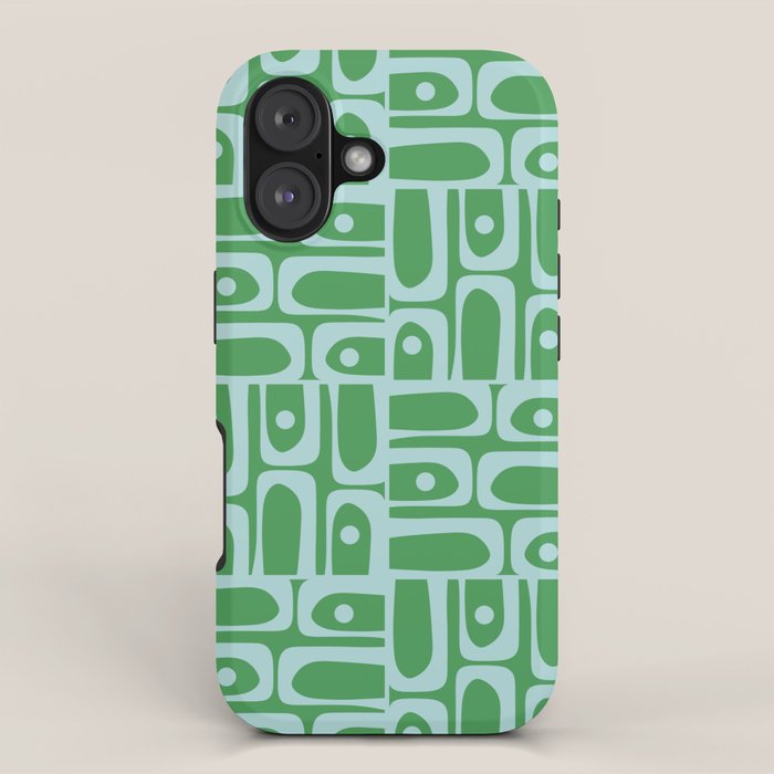 Mid Century Modern Piquet Abstract Multi Geometric Pattern in Green and Light Blue iPhone Case Gallery Image 1