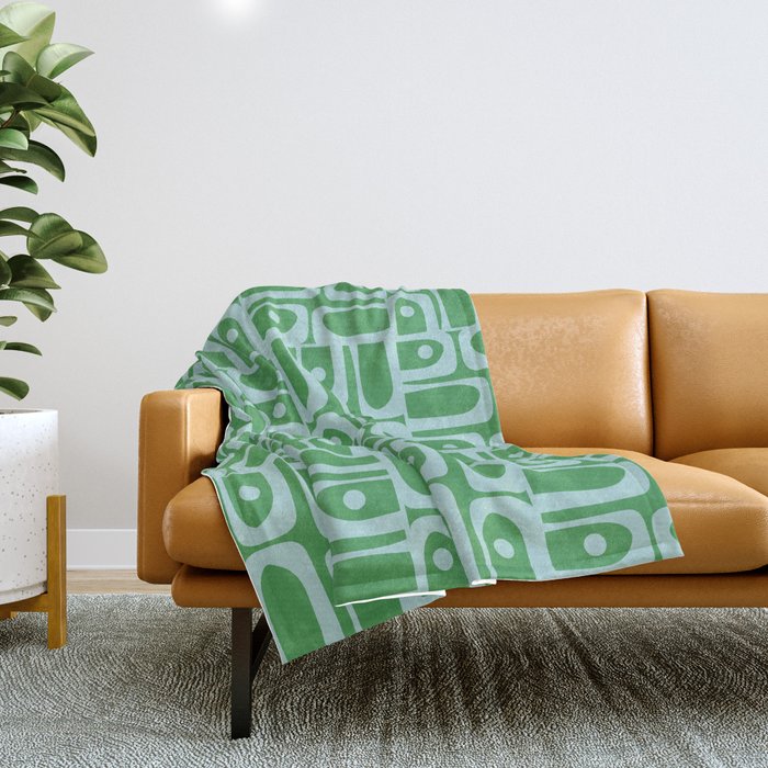 Mid Century Modern Piquet Abstract Multi Geometric Pattern in Green and Light Blue Throw Blanket Gallery Image 1