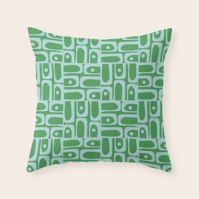 Mid Century Modern Piquet Abstract Multi Geometric Pattern in Green and Light Blue Throw Pillow Gallery Image 1