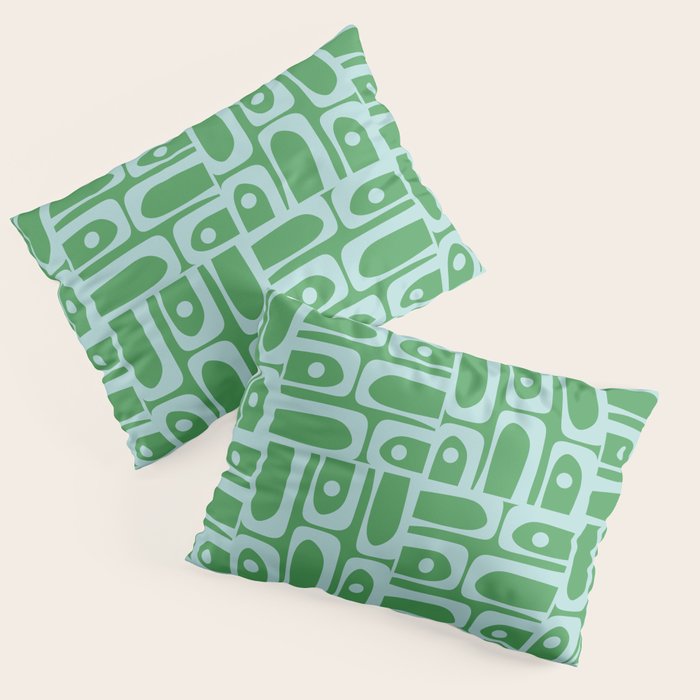 Mid Century Modern Piquet Abstract Multi Geometric Pattern in Green and Light Blue Pillow Sham Gallery Image 3