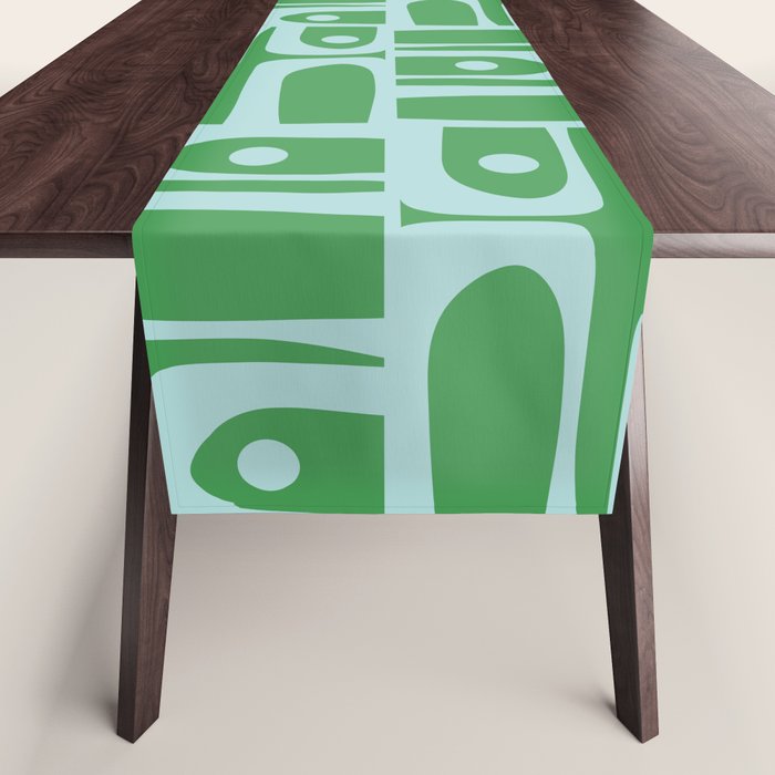 Mid Century Modern Piquet Abstract Multi Geometric Pattern in Green and Light Blue Table Runner Gallery Image 1
