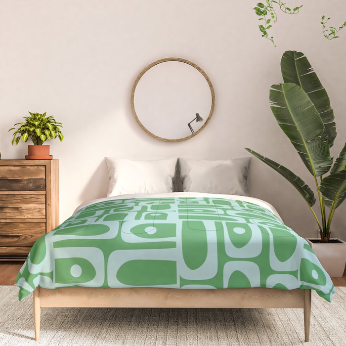 Mid Century Modern Piquet Abstract Multi Geometric Pattern in Green and Light Blue Comforter Gallery Image 3