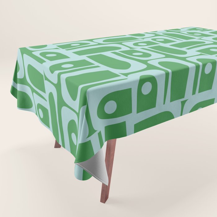 Mid Century Modern Piquet Abstract Multi Geometric Pattern in Green and Light Blue Tablecloth Gallery Image 1
