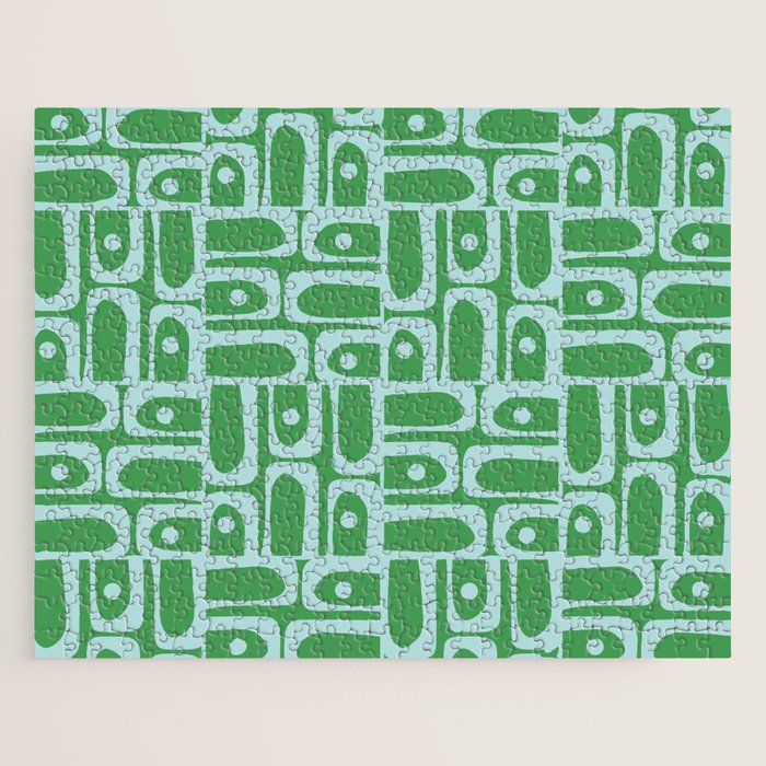 Mid Century Modern Piquet Abstract Multi Geometric Pattern in Green and Light Blue Jigsaw Puzzle Gallery Image 1