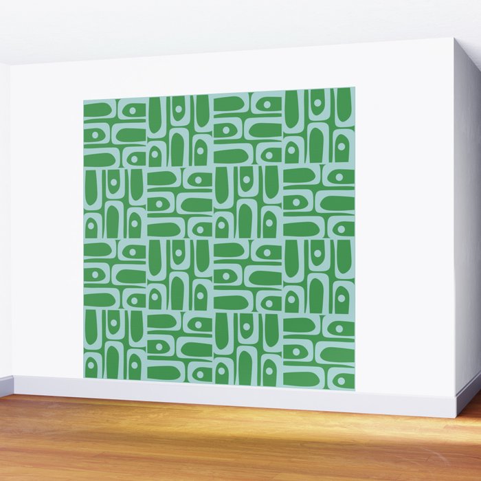 Mid Century Modern Piquet Abstract Multi Geometric Pattern in Green and Light Blue Wall Mural Gallery Image 2
