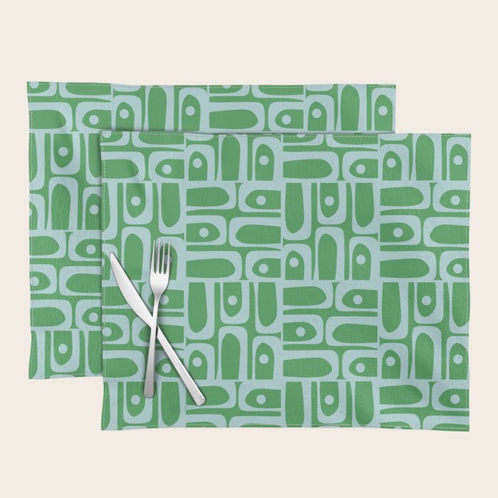 Mid Century Modern Piquet Abstract Multi Geometric Pattern in Green and Light Blue Placemat Gallery Image 1