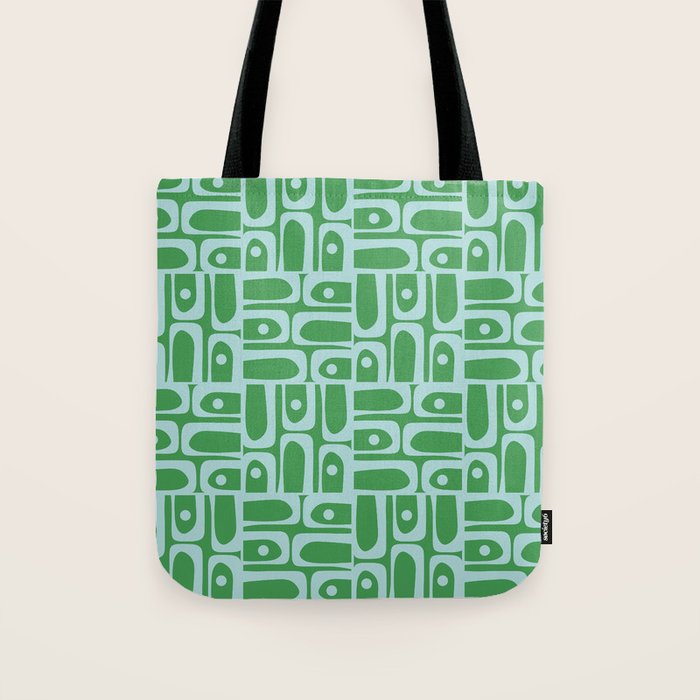 Mid Century Modern Piquet Abstract Multi Geometric Pattern in Green and Light Blue Tote Bag Gallery Image 1