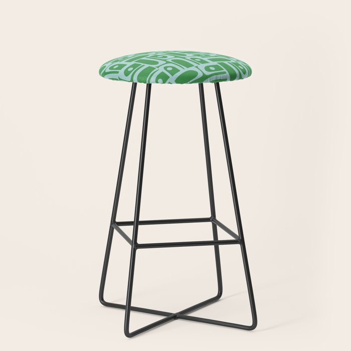 Mid Century Modern Piquet Abstract Multi Geometric Pattern in Green and Light Blue Stool Gallery Image 1