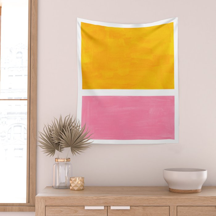 Pastel Yellow Pink Rothko Minimalist Mid Century Abstract Color Field Squares Wall Tapestry Gallery Image 2
