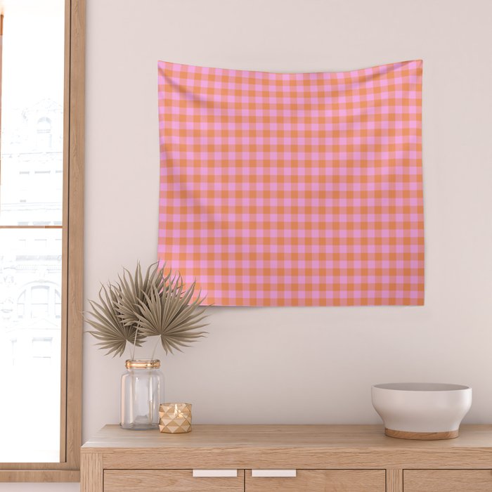 Checkered Plaid in Pink and Orange Wall Tapestry Gallery Image 2