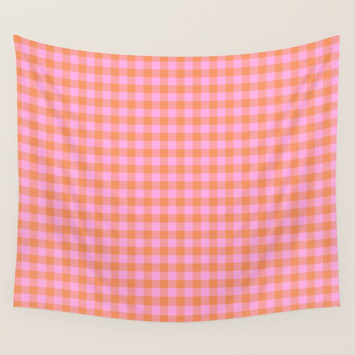 Checkered Plaid in Pink and Orange Wall Tapestry Gallery Image 4
