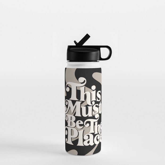 This Must Be The Place - 70s, Vintage, Retro, Abstract Pattern (Black & Beige) Water Bottle Gallery Image 1