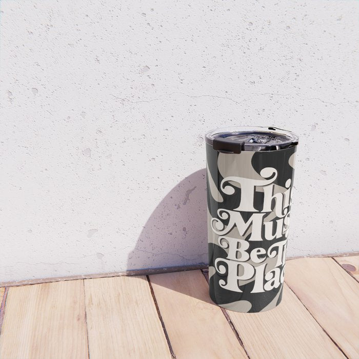 This Must Be The Place - 70s, Vintage, Retro, Abstract Pattern (Black & Beige) Travel Mug Gallery Image 4
