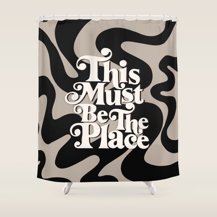 This Must Be The Place - 70s, Vintage, Retro, Abstract Pattern (Black & Beige) Shower Curtain Gallery Image 1