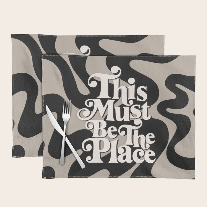 This Must Be The Place - 70s, Vintage, Retro, Abstract Pattern (Black & Beige) Placemat Gallery Image 1