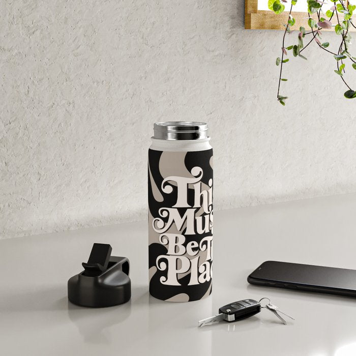 This Must Be The Place - 70s, Vintage, Retro, Abstract Pattern (Black & Beige) Water Bottle Gallery Image 4