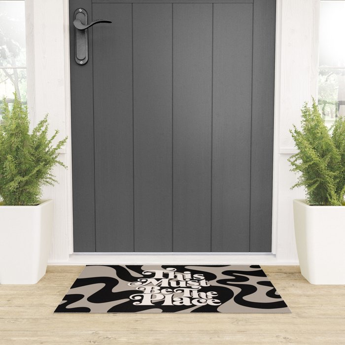 This Must Be The Place - 70s, Vintage, Retro, Abstract Pattern (Black & Beige) Welcome Mat Gallery Image 3
