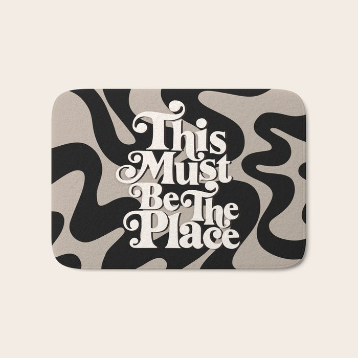 This Must Be The Place - 70s, Vintage, Retro, Abstract Pattern (Black & Beige) Bath Mat Gallery Image 1