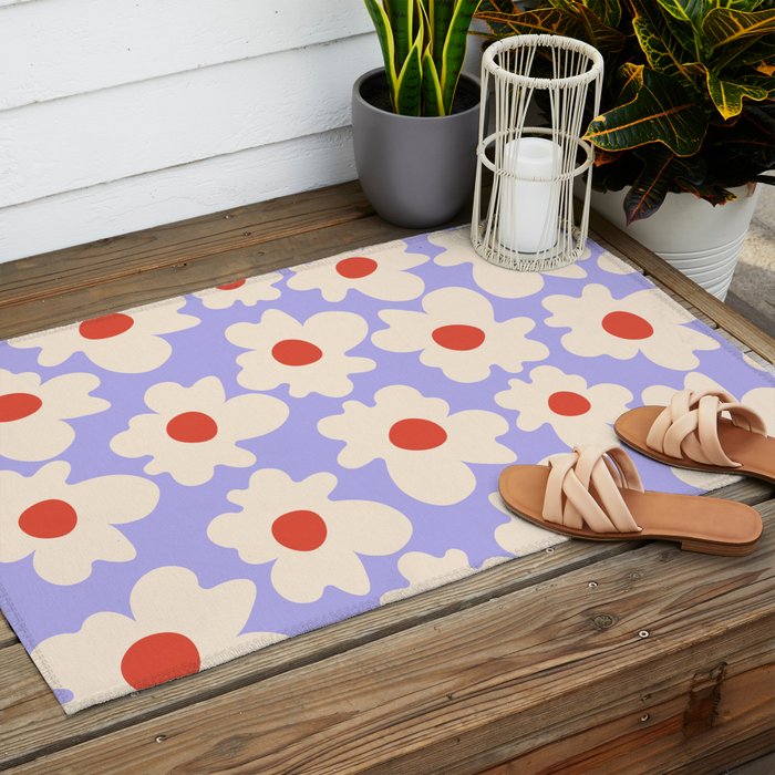 Abstract Flower Shape - Lilac, Cream and Red Outdoor Rug Gallery Image 2