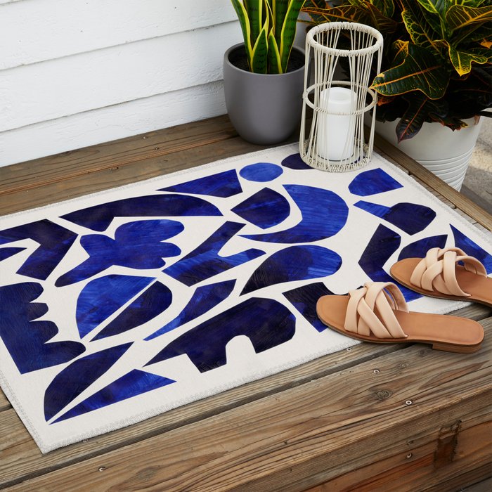 'Shattered Sky' Abstract Colorful Blue Paper Collage Minimal Mid Century Pattern by Ejaaz Haniff Outdoor Rug Gallery Image 2