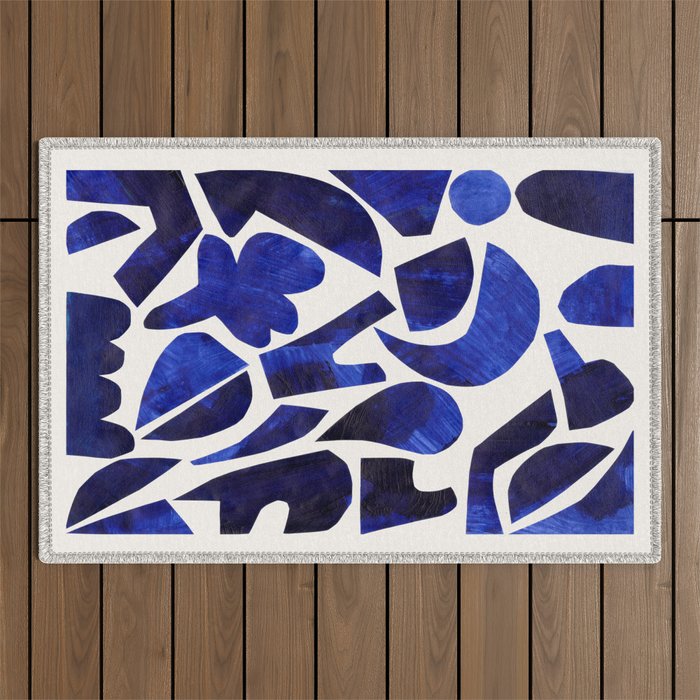 'Shattered Sky' Abstract Colorful Blue Paper Collage Minimal Mid Century Pattern by Ejaaz Haniff Outdoor Rug Gallery Image 1