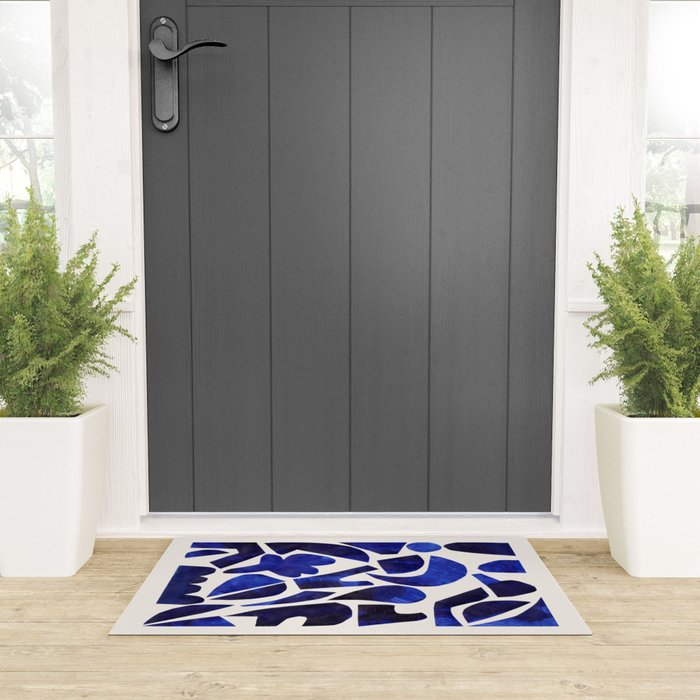 'Shattered Sky' Abstract Colorful Blue Paper Collage Minimal Mid Century Pattern by Ejaaz Haniff Welcome Mat Gallery Image 3