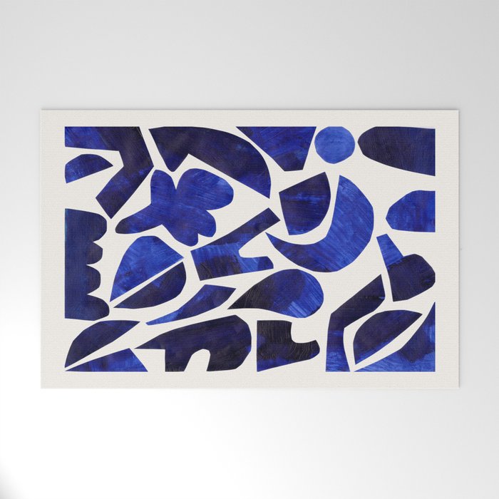 'Shattered Sky' Abstract Colorful Blue Paper Collage Minimal Mid Century Pattern by Ejaaz Haniff Welcome Mat Gallery Image 1