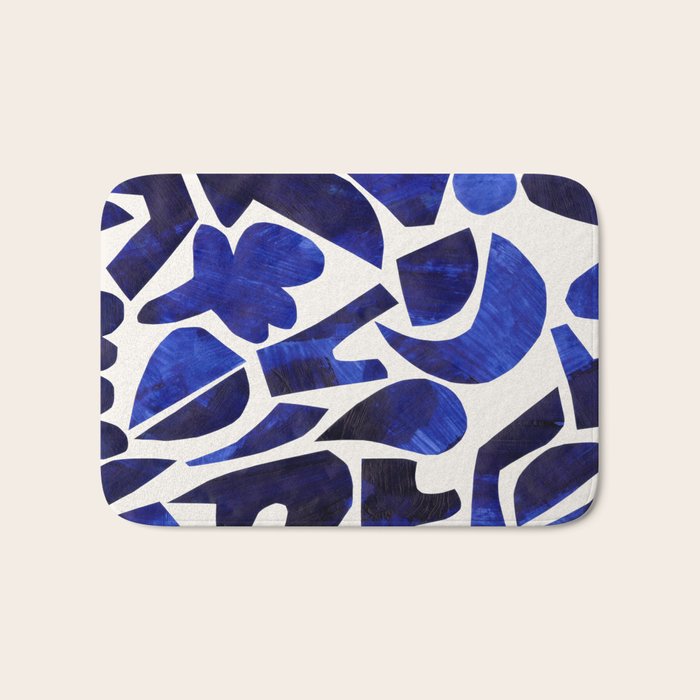 'Shattered Sky' Abstract Colorful Blue Paper Collage Minimal Mid Century Pattern by Ejaaz Haniff Bath Mat Gallery Image 1