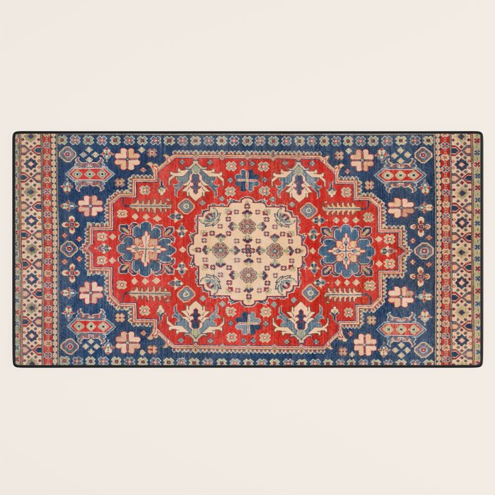 Red And Blue Madallion Kazak Handmade Rug Desk Mat Gallery Image 3