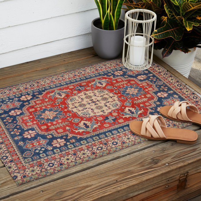 Red And Blue Madallion Kazak Handmade Rug Outdoor Rug Gallery Image 2