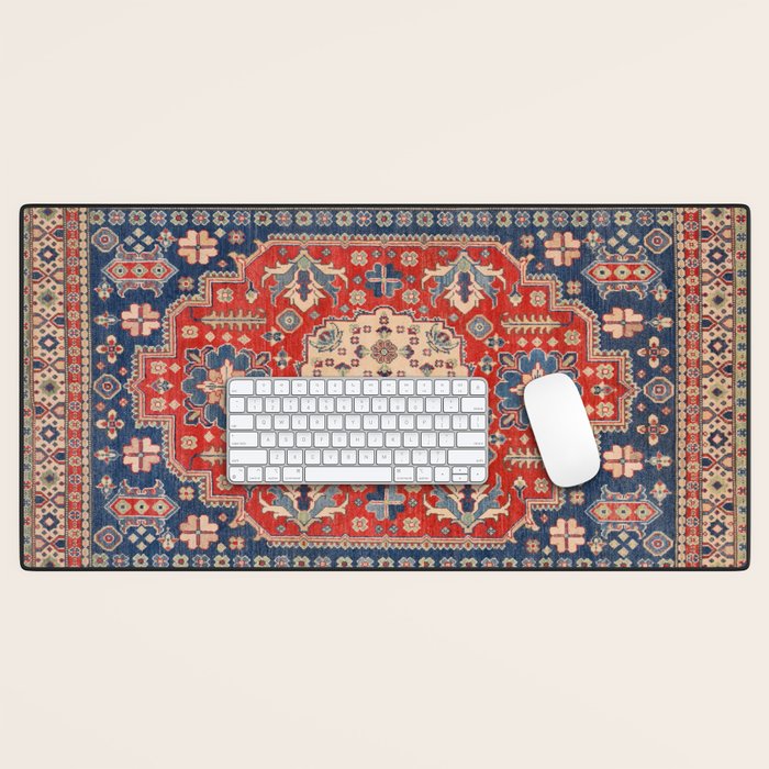 Red And Blue Madallion Kazak Handmade Rug Desk Mat Gallery Image 1
