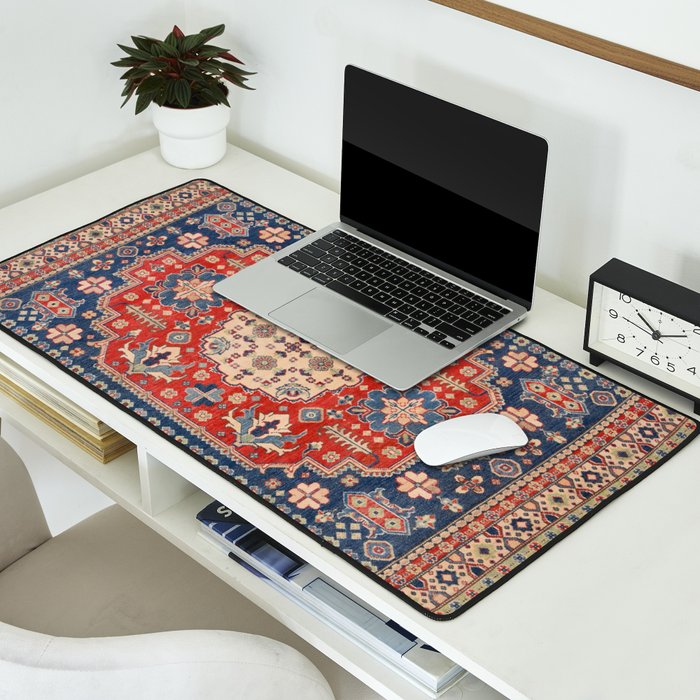 Red And Blue Madallion Kazak Handmade Rug Desk Mat Gallery Image 2