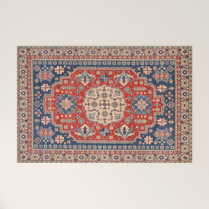 Red And Blue Madallion Kazak Handmade Rug Welcome Mat Gallery Image 1
