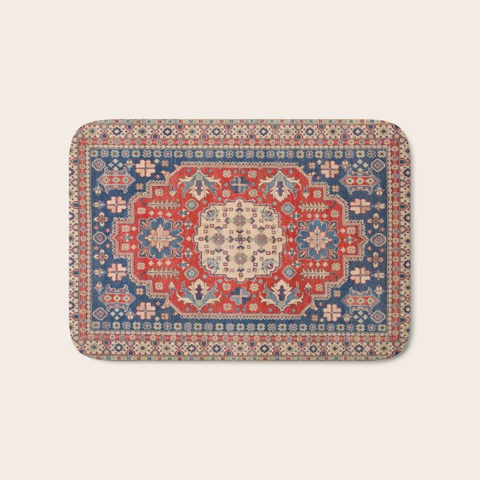 Red And Blue Madallion Kazak Handmade Rug Bath Mat Gallery Image 1