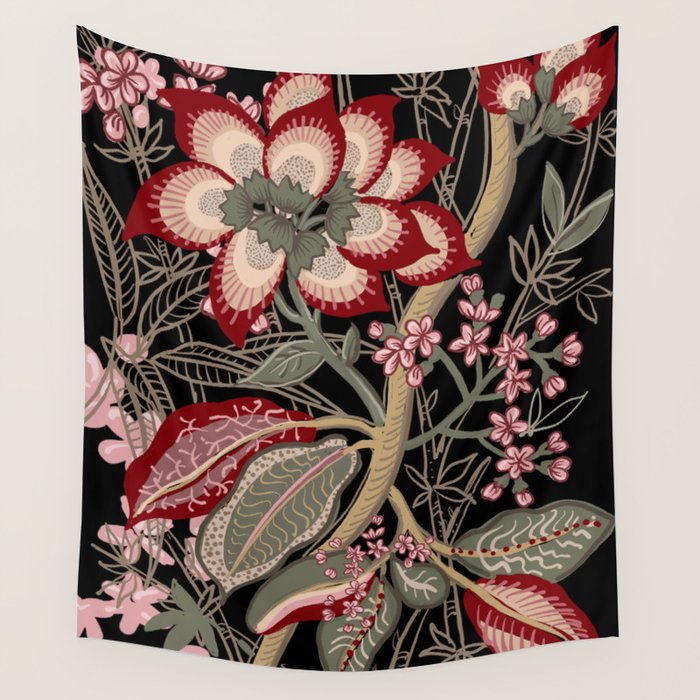 Oriental exotic chintz bamboo red flowers on black Wall Tapestry Gallery Image 1