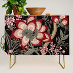Oriental exotic chintz bamboo red flowers on black Credenza Gallery Image 1