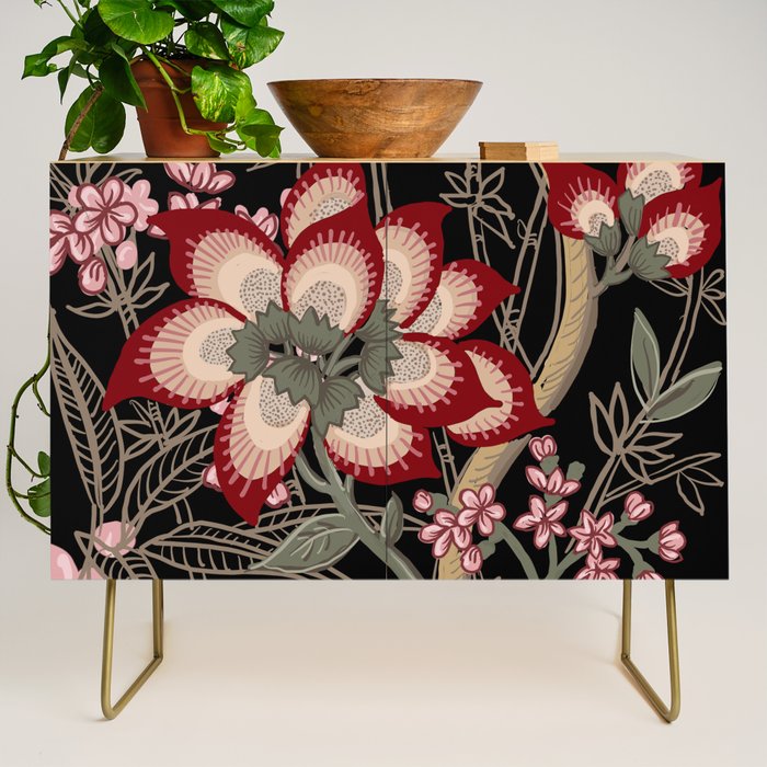 Oriental exotic chintz bamboo red flowers on black Credenza Gallery Image 1