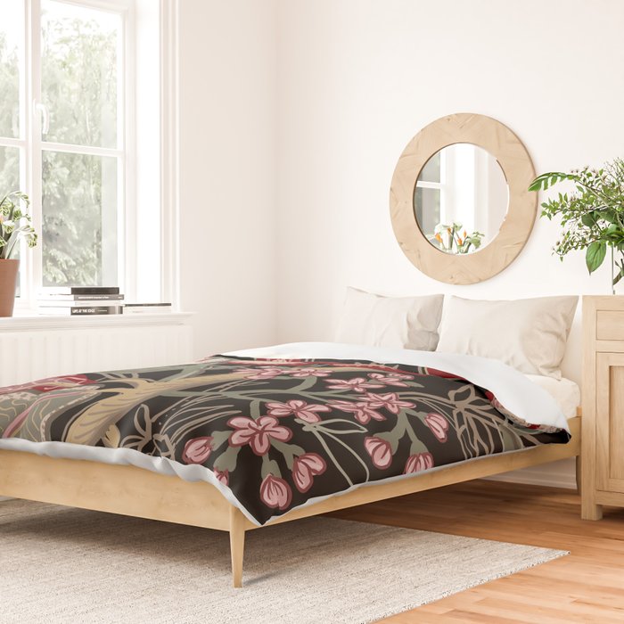 Oriental exotic chintz bamboo red flowers on black Duvet Cover Gallery Image 2