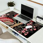 Oriental exotic chintz bamboo red flowers on black Desk Mat Gallery Image 2