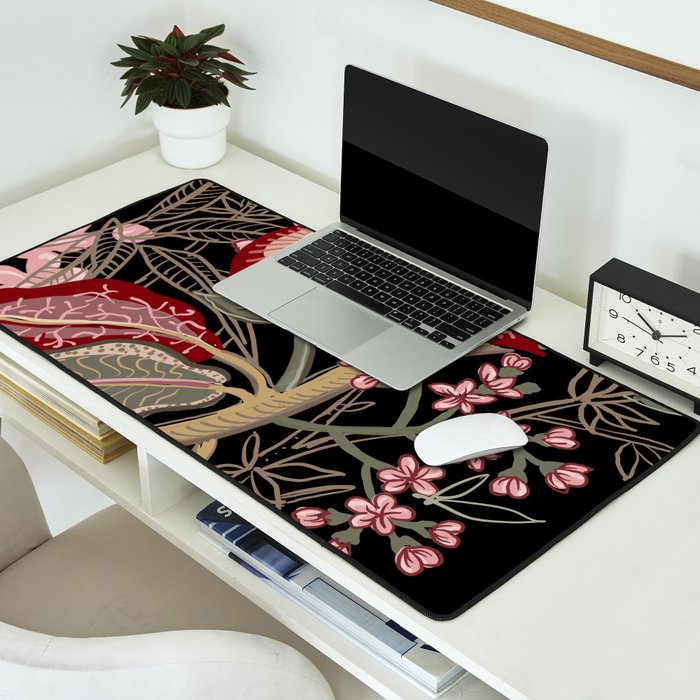 Oriental exotic chintz bamboo red flowers on black Desk Mat Gallery Image 2