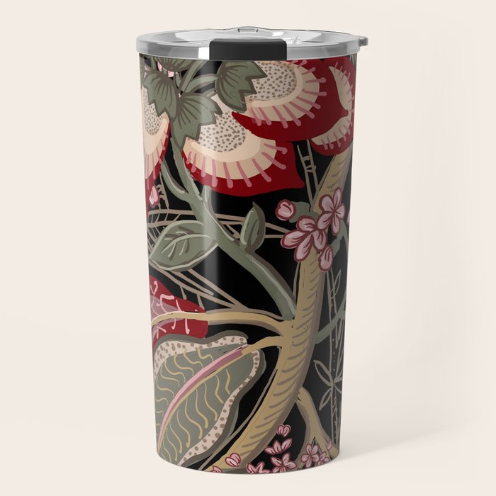 Oriental exotic chintz bamboo red flowers on black Travel Mug Gallery Image 1