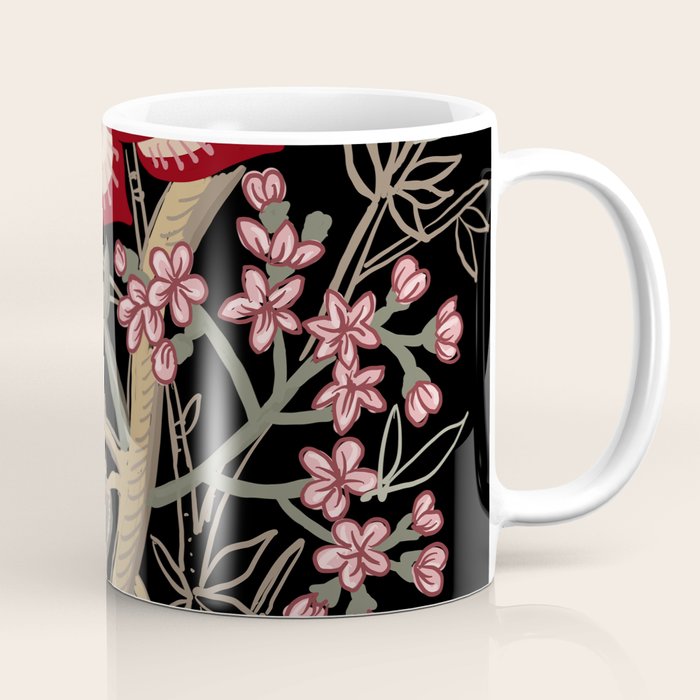 Oriental exotic chintz bamboo red flowers on black Coffee Mug Gallery Image 1
