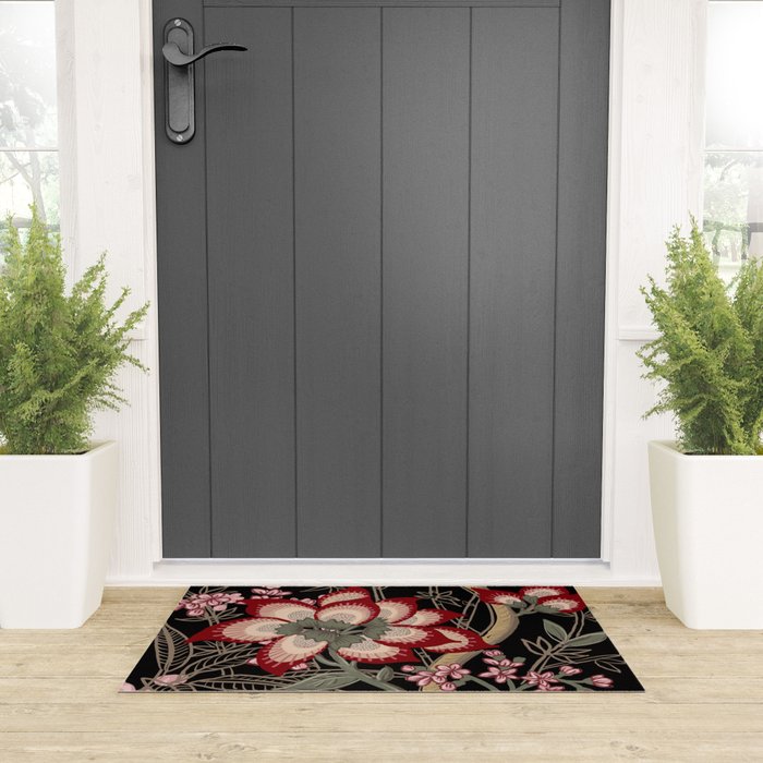 Oriental exotic chintz bamboo red flowers on black Welcome Mat Gallery Image 3