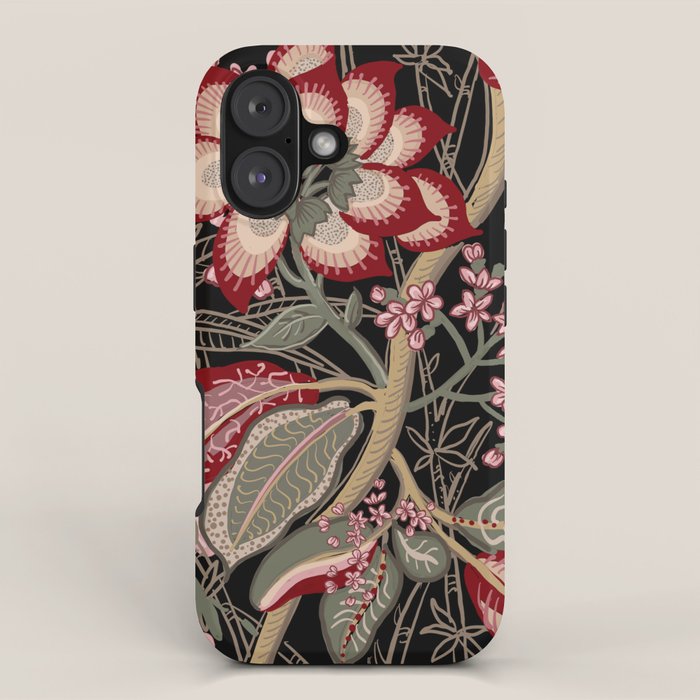Oriental exotic chintz bamboo red flowers on black iPhone Case Gallery Image 1