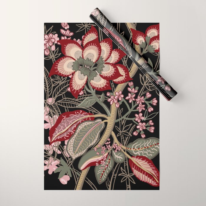 Oriental exotic chintz bamboo red flowers on black Wrapping Paper Gallery Image 1