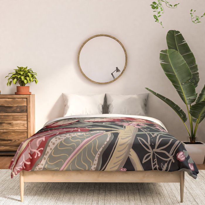 Oriental exotic chintz bamboo red flowers on black Comforter Gallery Image 3