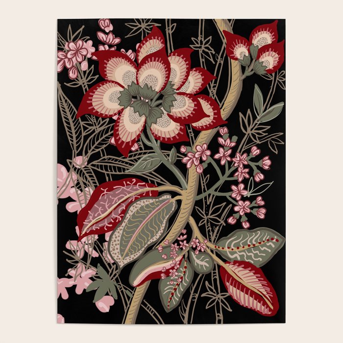 Oriental exotic chintz bamboo red flowers on black Poster Gallery Image 4