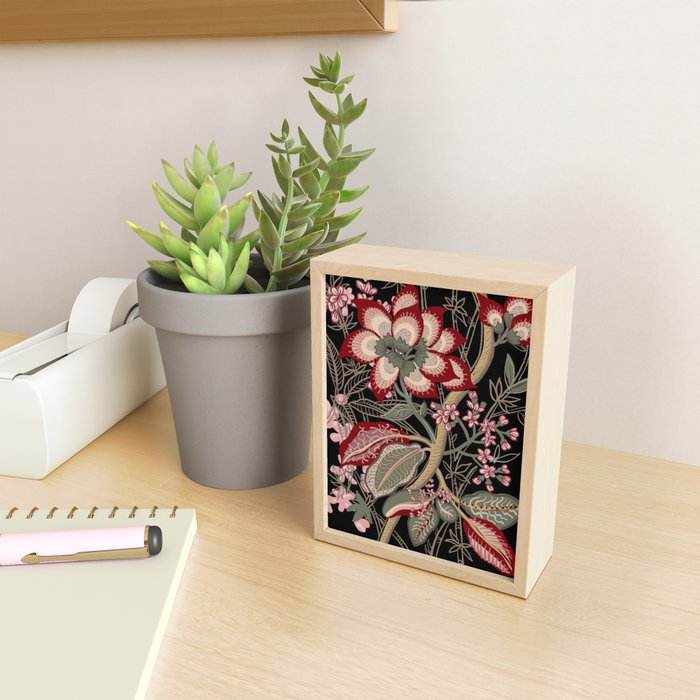 Oriental exotic chintz bamboo red flowers on black Mini Art Print Gallery Image 2